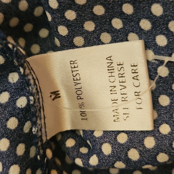 WISHLIST APPAREL Retro Navy Blue Polka Dot Ruffle Button Down Smock Poet Blouse - Picture 11 of 12